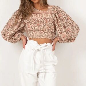 Cleobella 100% organic cotton Floral Puff Balloon Sleeve Top Pink and Cream Med